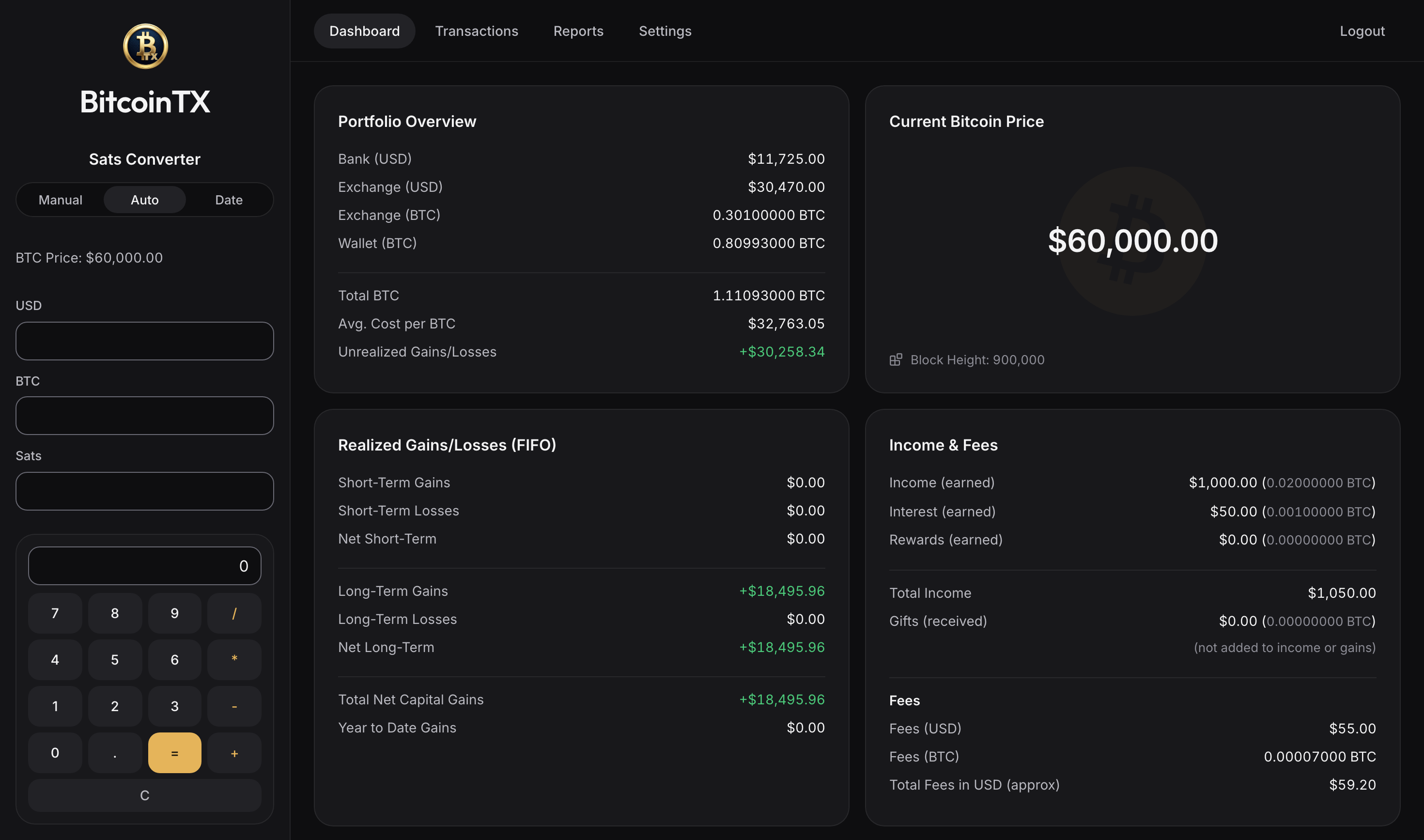 BitcoinTX dashboard: account balances, total BTC, cost basis, unrealized and realized gains, income and fees