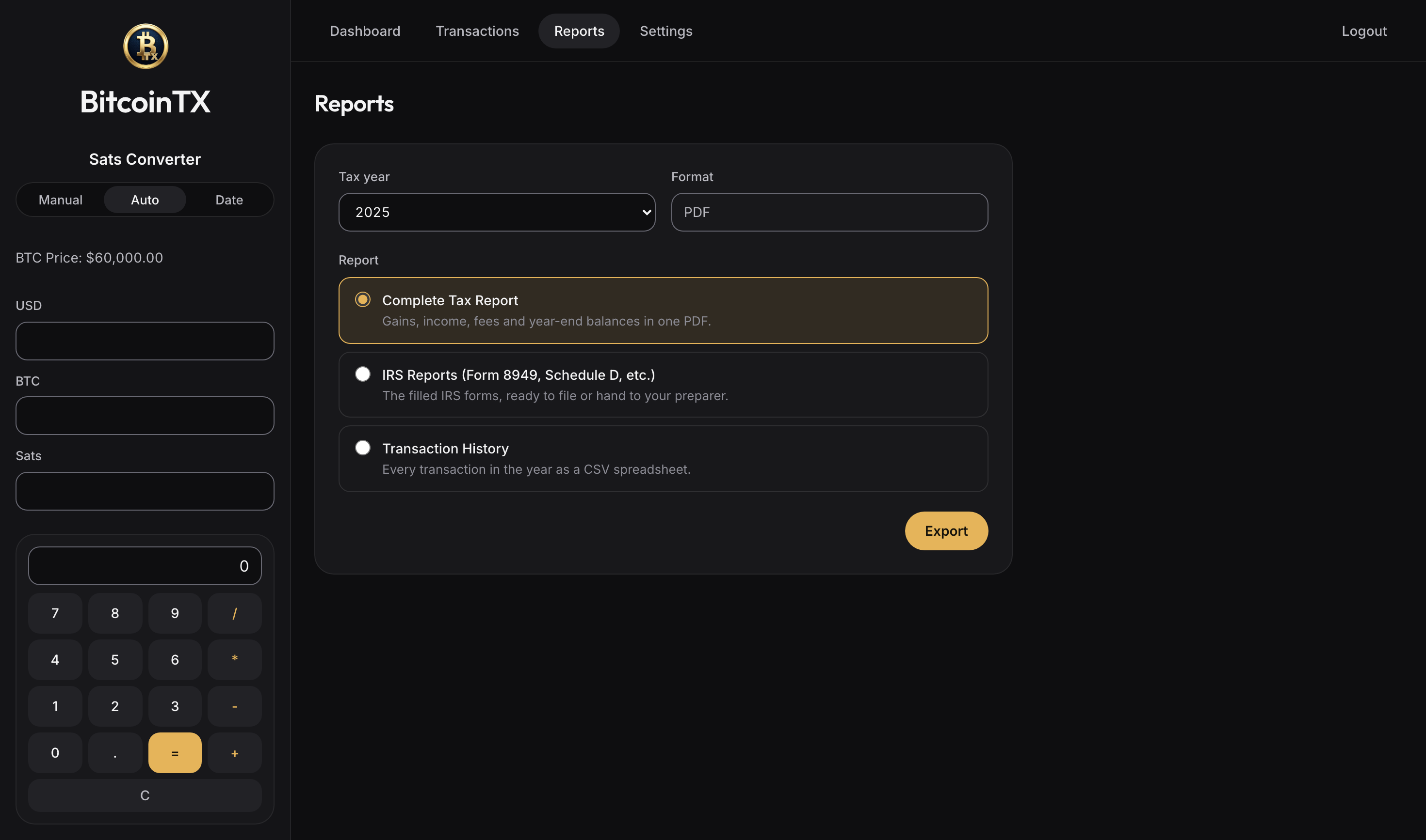 Reports page: complete tax report, IRS forms, transaction history