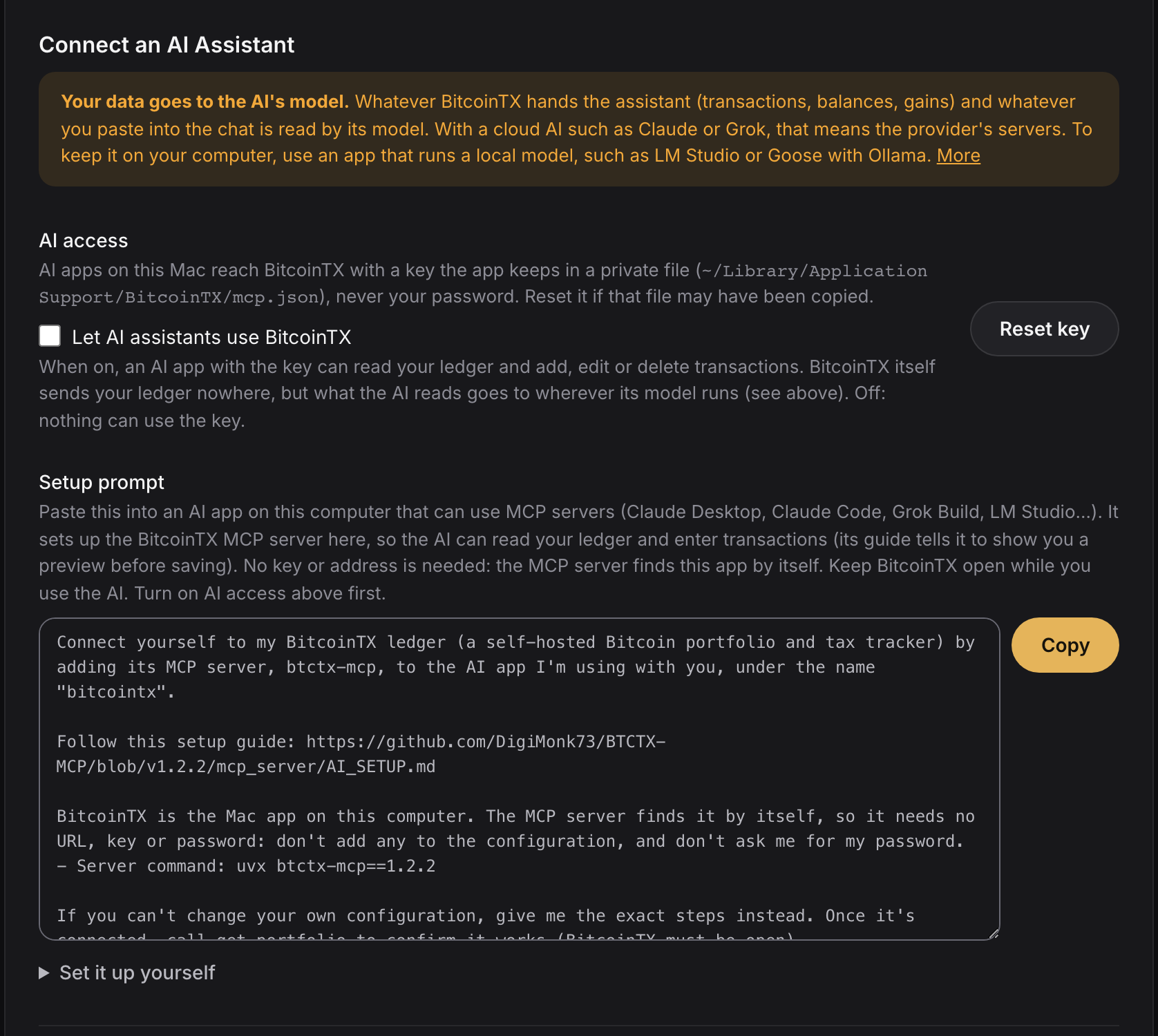 Settings: Connect an AI Assistant, with the privacy note, the AI access switch and the setup prompt