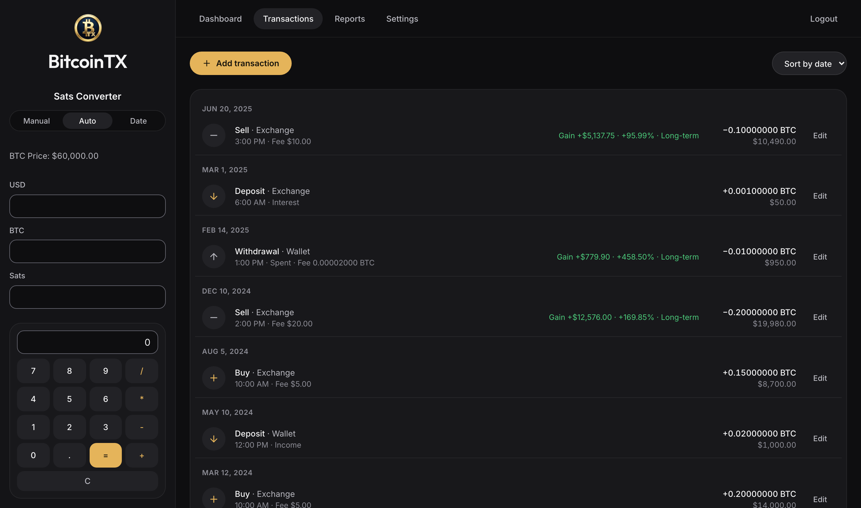 Transactions list showing sells with their gain and holding period